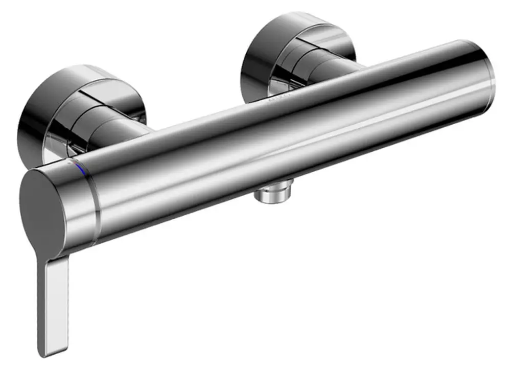 Verchromter Brausemischer von Keuco mit zwei Bedienelementen. Eignet sich für die Aufputzmontage. Minimalistisches Design mit klaren Linien.